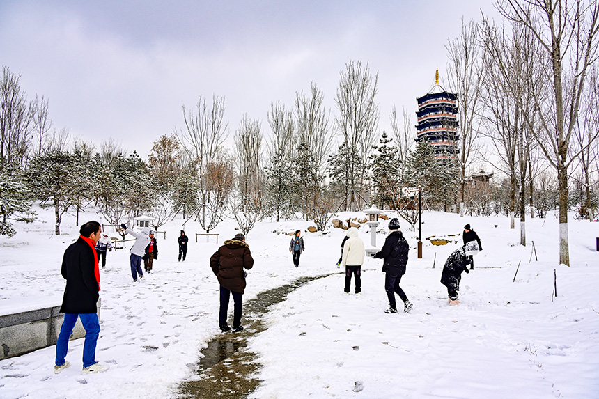 市民在雪中嬉戲。胡忠攝